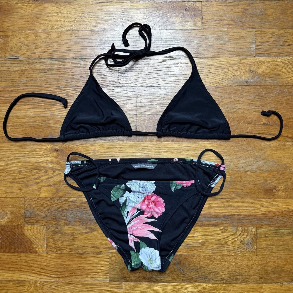 Vince Camuto Bikini Set Medium Black Triangle Top Floral Strappy Brief Swimsuit